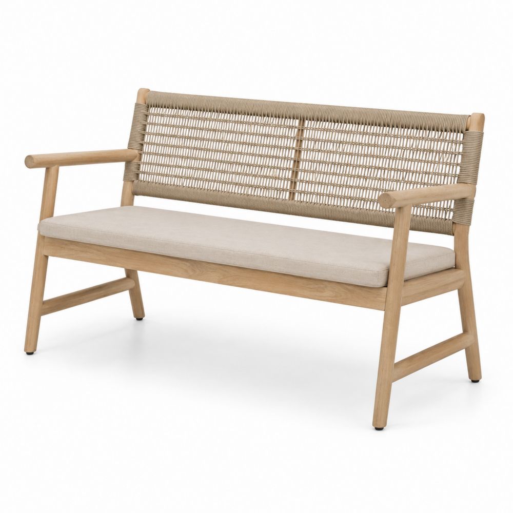 Banco de madera con respaldo de cuerda y cojín beige-Lumvellae