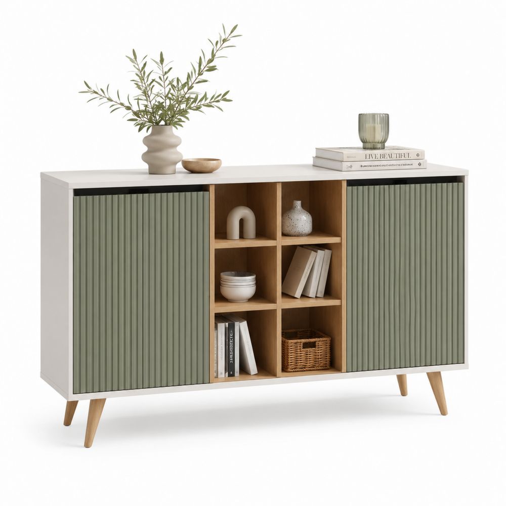 Aparador de Madera con Puertas Correderas y Estantes Abiertos de 120 cm-Lumvellae