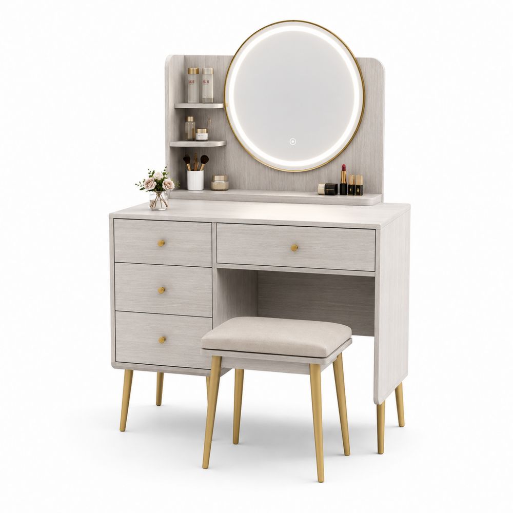 Tocador con espejo LED y taburete, madera y metal, Gris claro y Dorado-Lumvellae