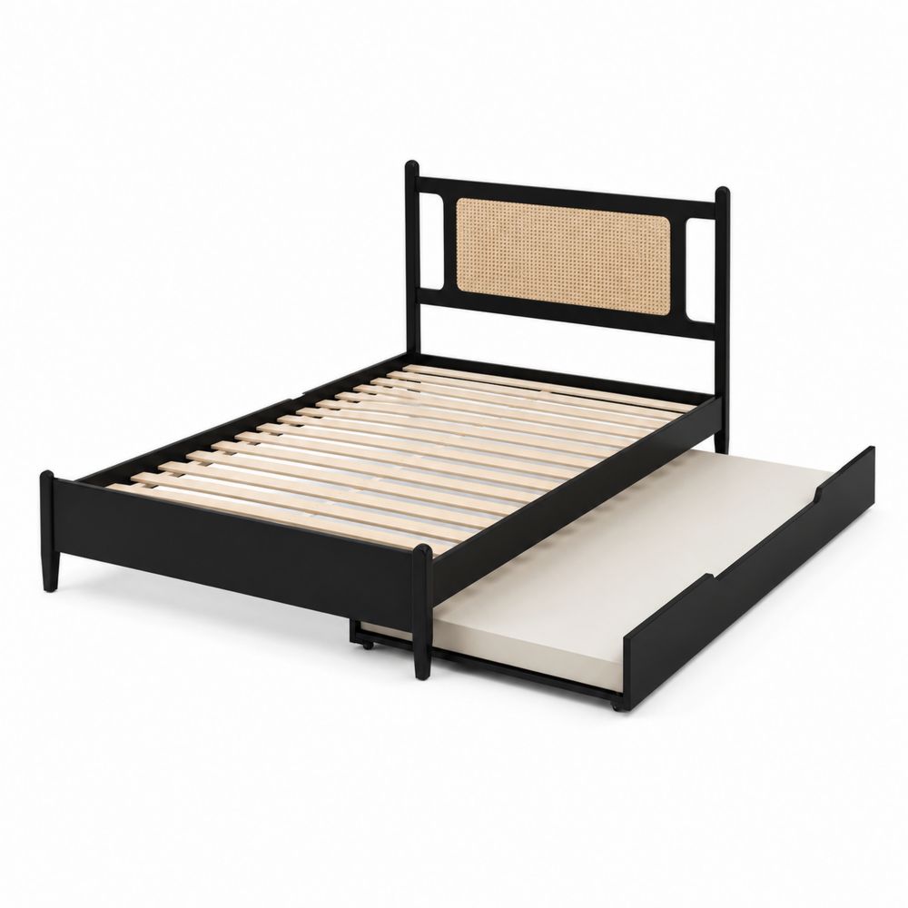 Cama doble de madera con cabecero de ratán y cajón-Zenterrae