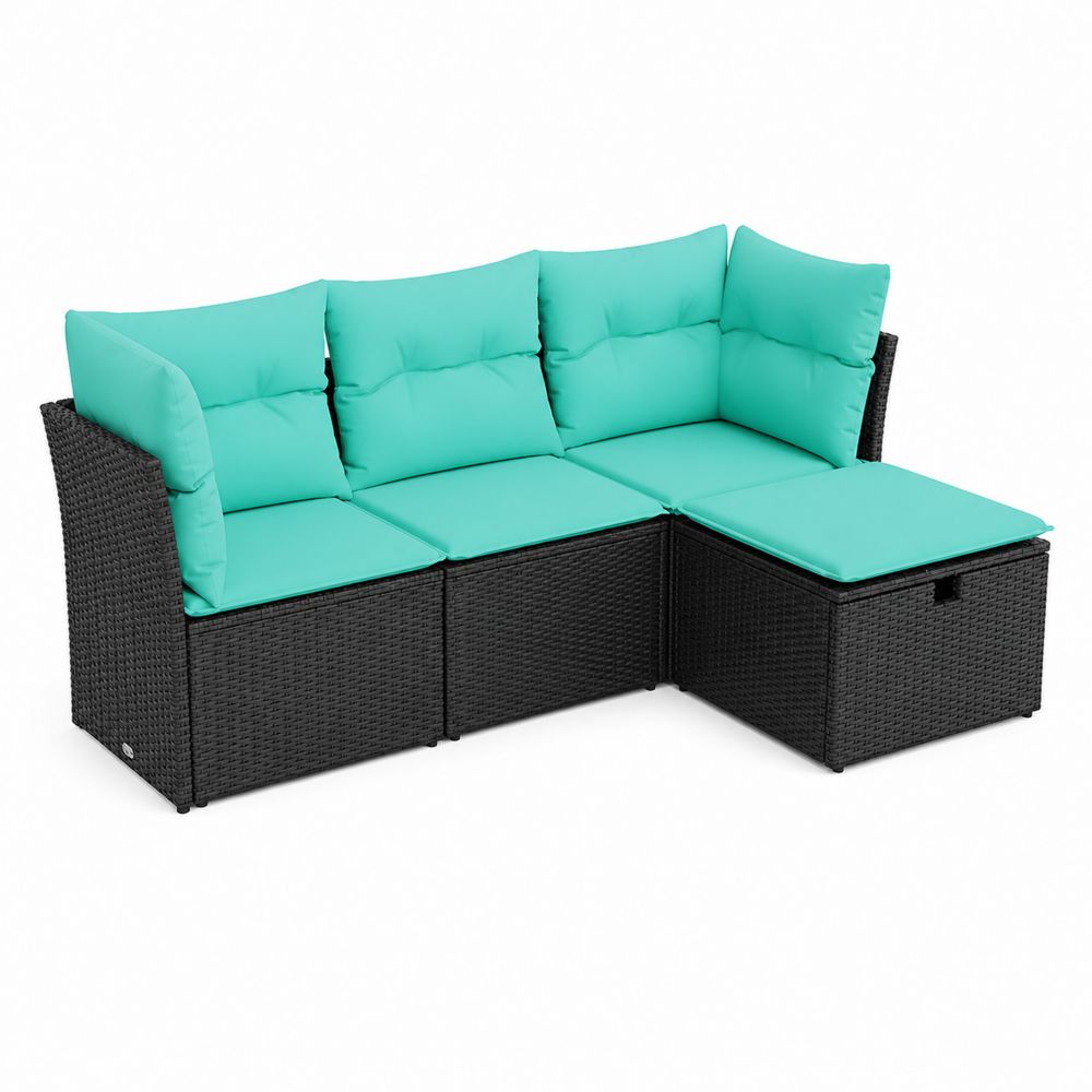 Sofá Modular de Ratán Sintético en L con Cojines Verde Menta-Zenterrae