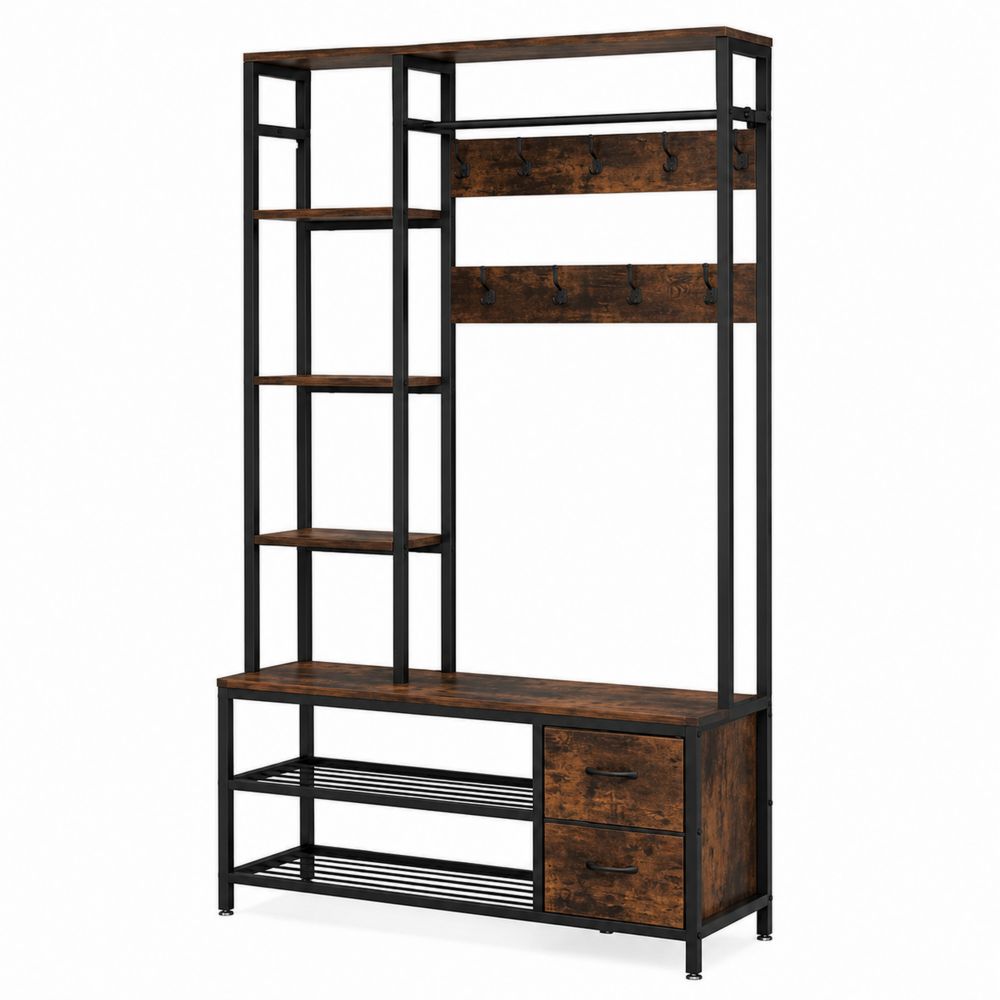 Perchero de Metal con Estantes y Cajones de Madera 200x120x35 cm Marrón/Negro-Zenterrae