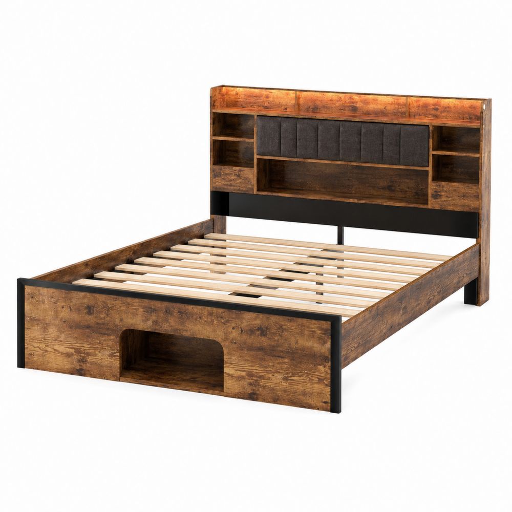 Cama de Madera Laminada con Cabecero de Almacenamiento 200x150 cm Marrón y Negro-Zenterrae