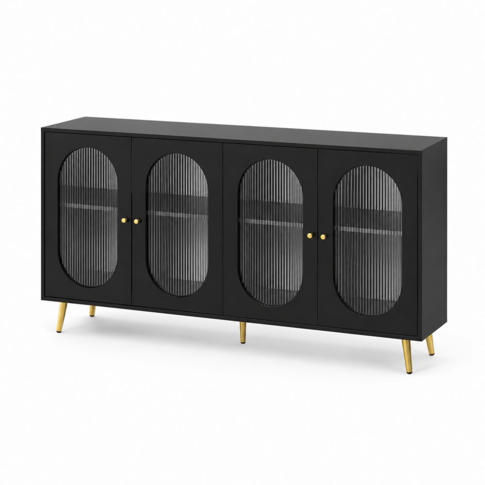 Aparador de MDF negro con puertas de vidrio estriado y patas doradas 160cm-Zenterrae