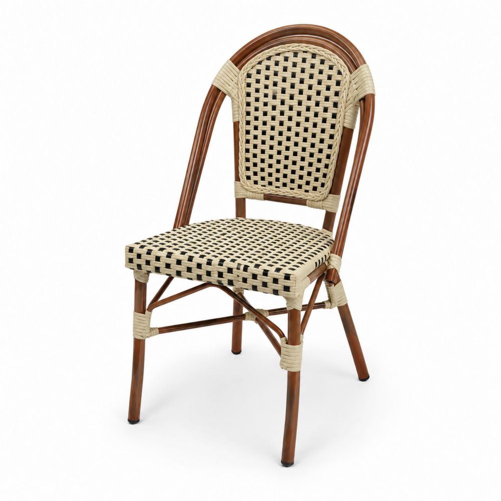 Silla de Ratán Sintético con Estructura de Aluminio, Respaldo Curvo, Beige/Negro-Zenterrae