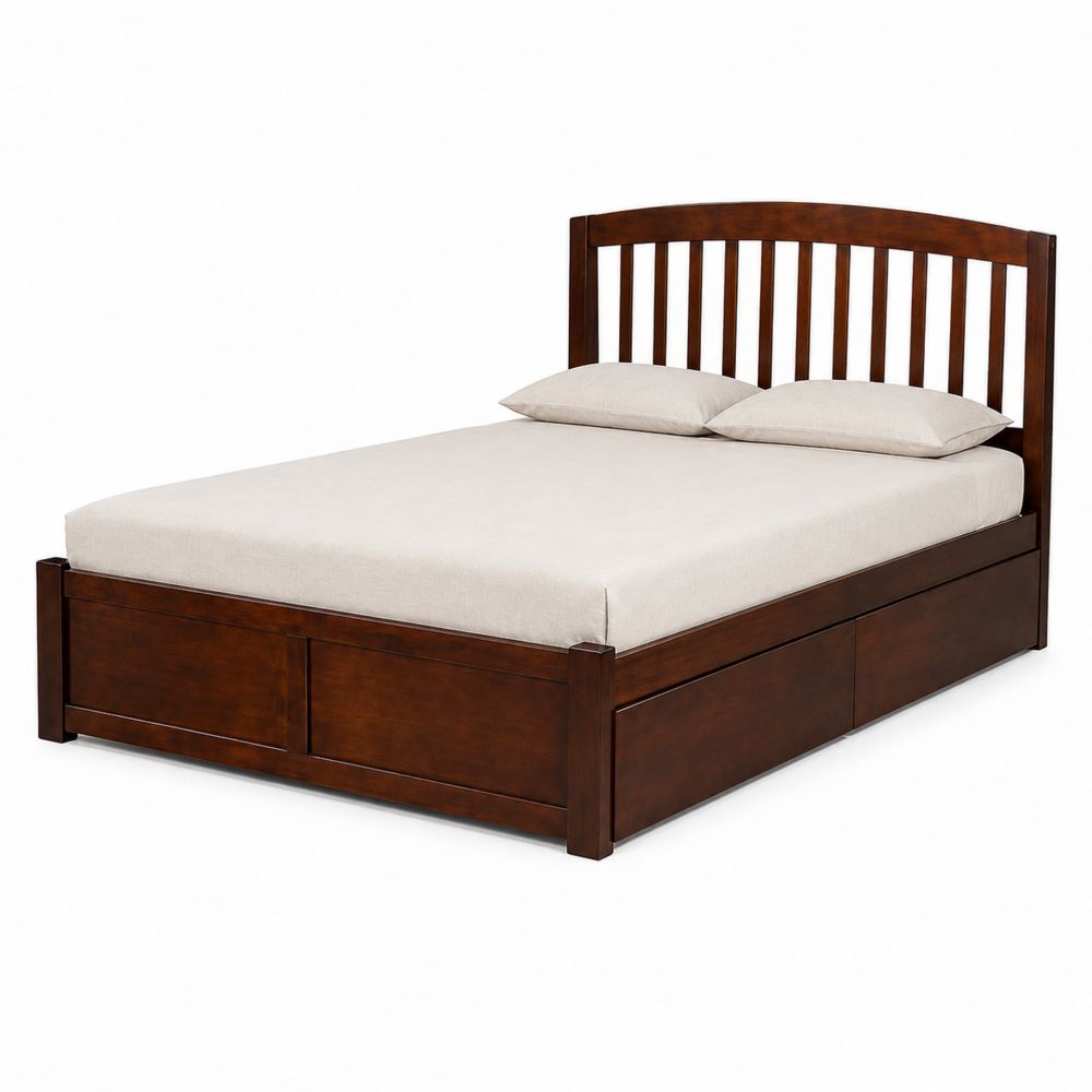Cama de madera maciza con cabecero de listones y cajones 200x160 cm Marrón/Beige-Zenterrae