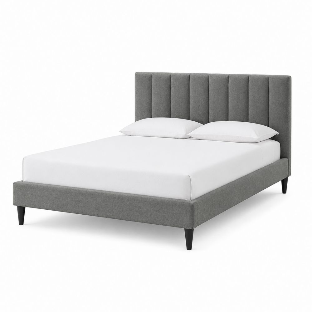 Cama de Matrimonio de Madera y Tela Gris con Patas Negras-Zenterrae