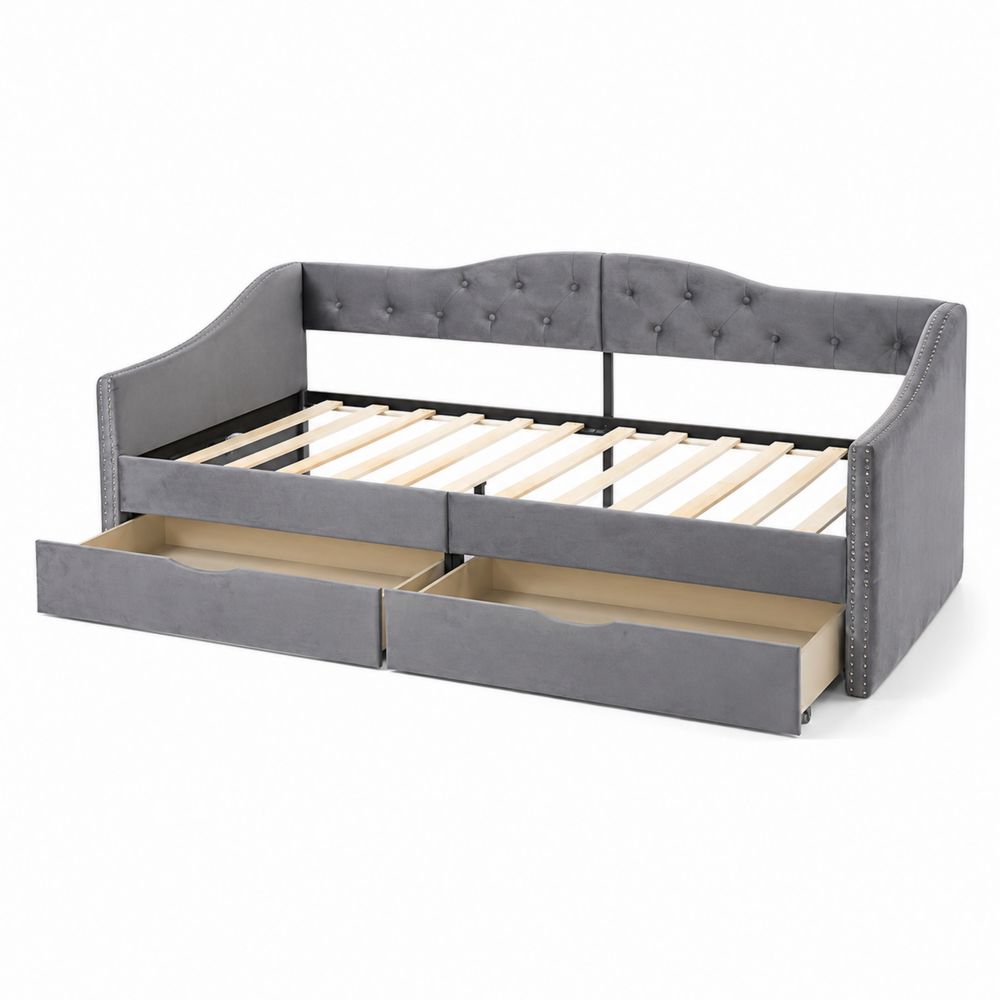 Cama diván de tela gris con cajones y respaldo capitoné-Zenterrae