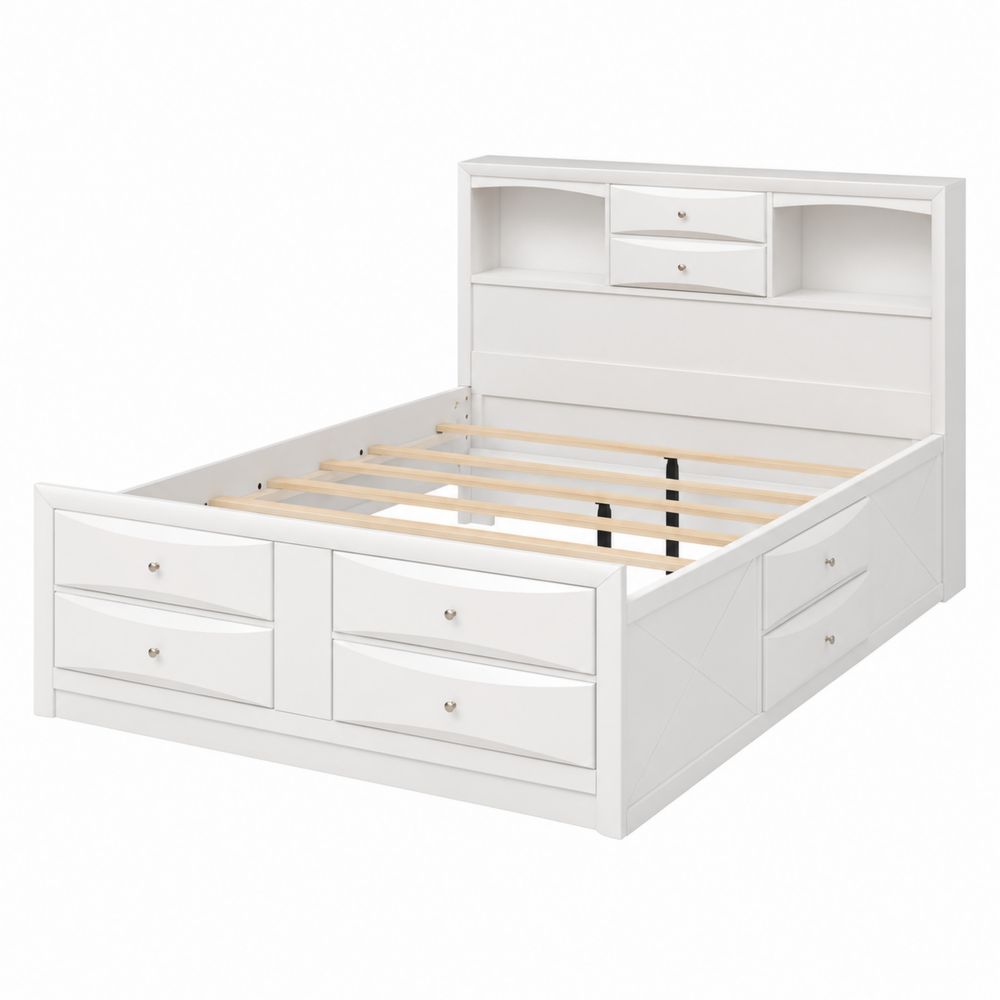 Cama de MDF con Almacenamiento y Estantería, Blanco-Zenterrae