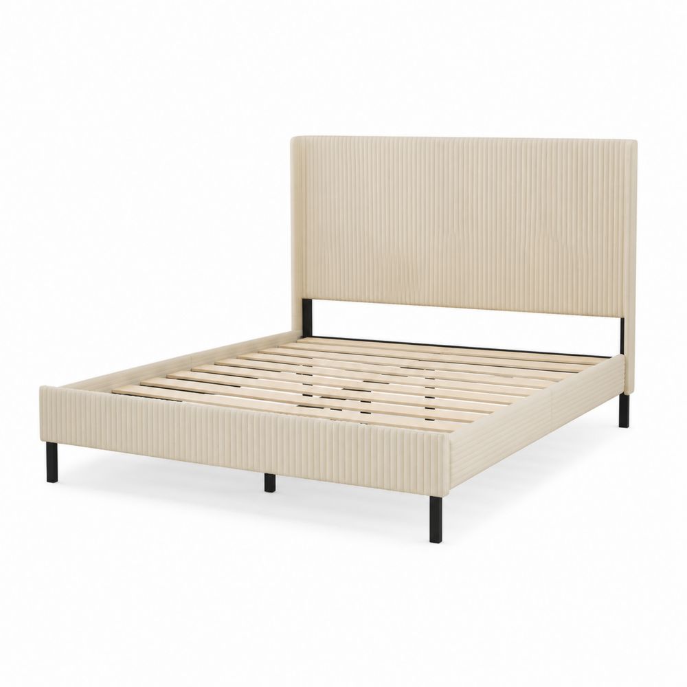 Cama doble de madera con cabecero de terciopelo beige 200x160 cm-Zenterrae