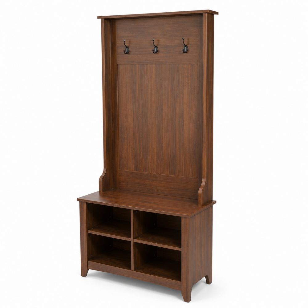 Perchero de Madera Maciza con Banco y Estantes de Nogal 180x80x40 cm-Zenterrae