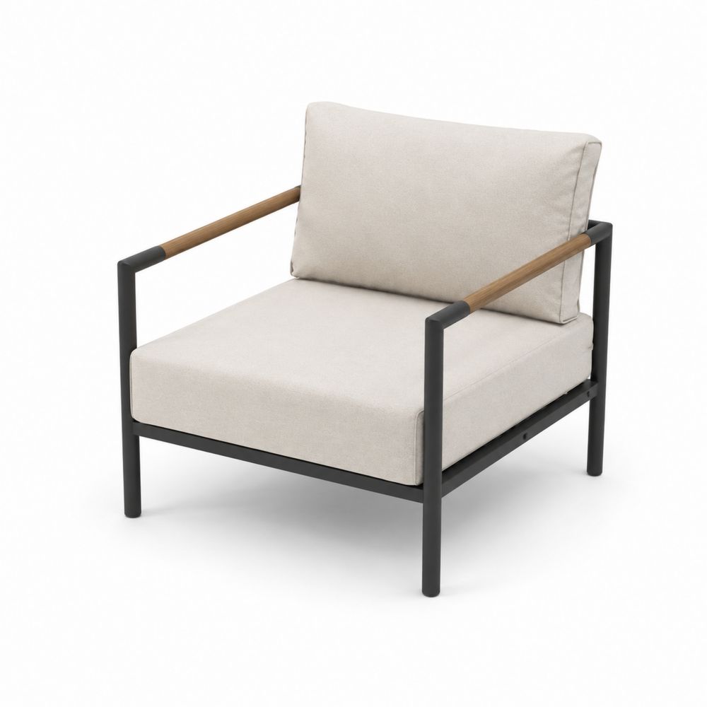 Sillón de aluminio y madera de teca con cojines beige-Zenterrae