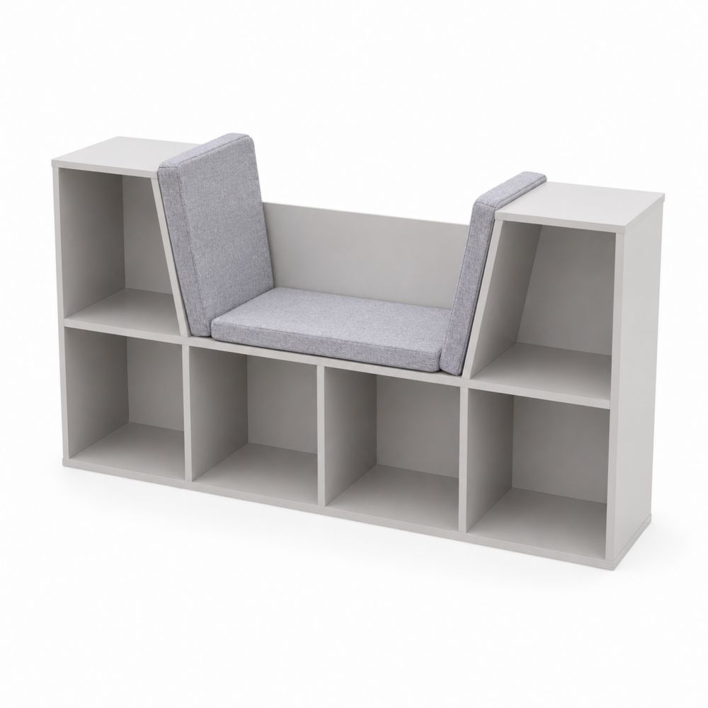 Estantería librería con asiento y cojines gris claro 142x30x85 cm madera aglomerada-Zenterrae
