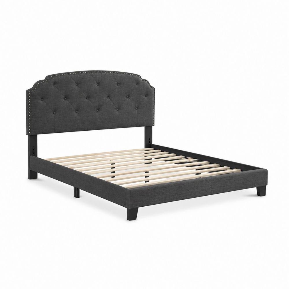 Cama de Madera y Tela de Poliéster Gris Oscuro 200x160 cm-Zenterrae