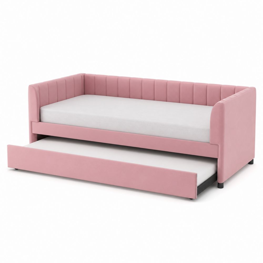 Diván cama con nido de madera y tela poliéster rosa-Zenterrae