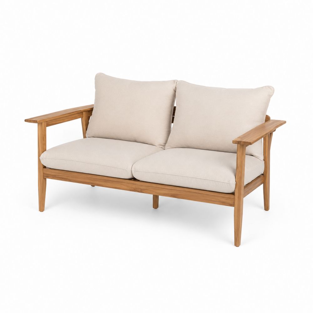 Sofá de dos plazas de madera de teca y cojines de tela beige-Zenterrae