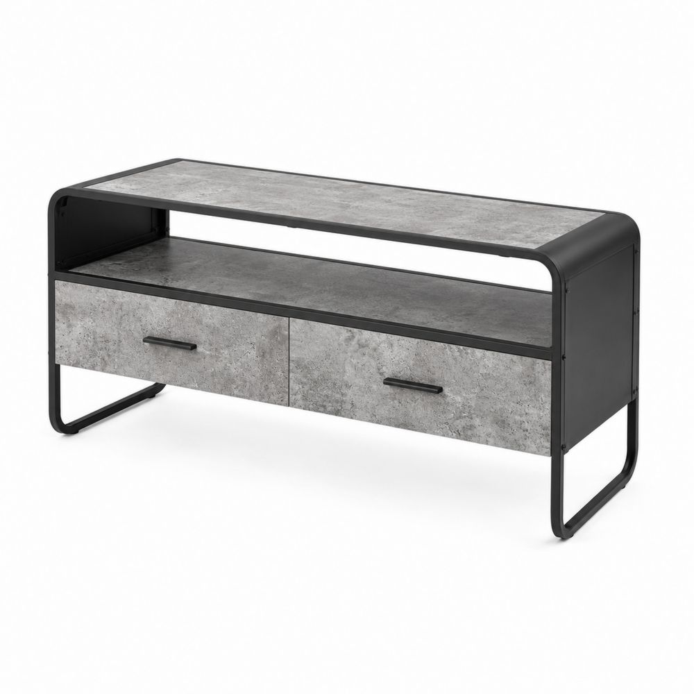 Mesa de TV de metal y madera compuesta gris y negro con cajones-Zenterrae