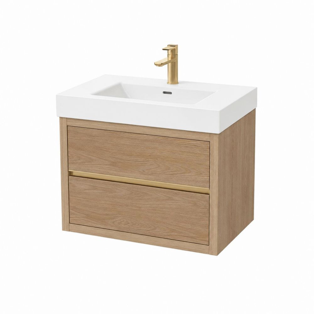 Mueble de lavabo de madera de roble con lavabo cerámico blanco y grifo dorado-Zenterrae