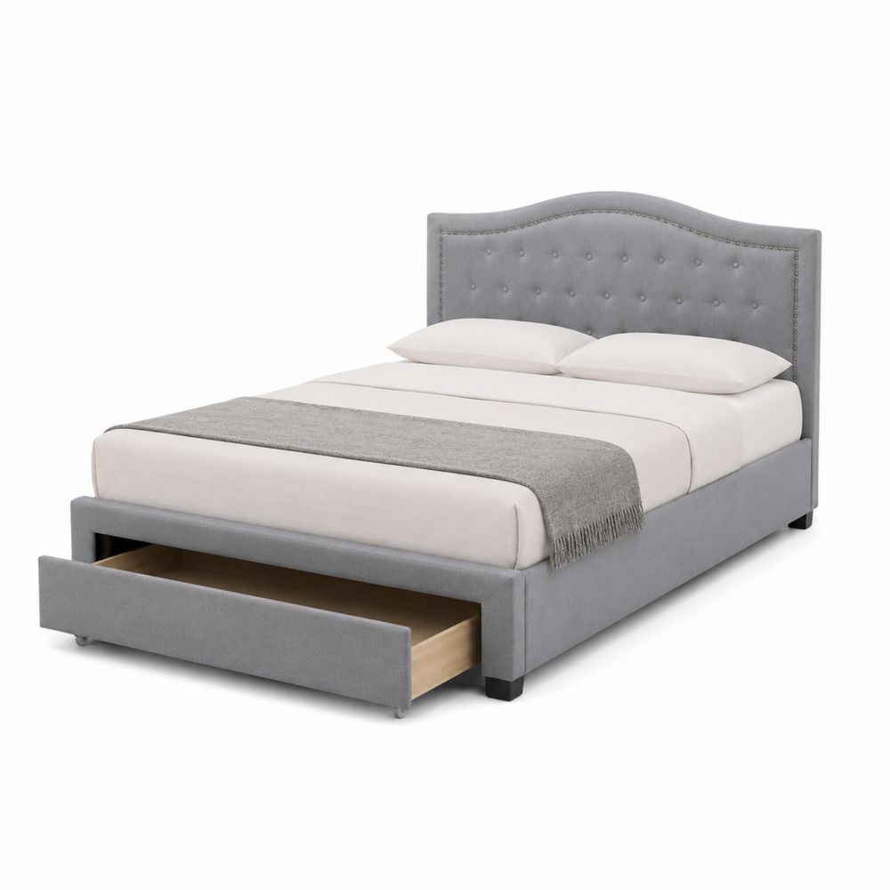 Cama tapizada gris con cajón de almacenamiento y cabecero curvo-Zenterrae