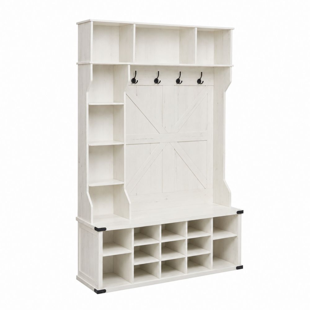 Mueble de Entrada con Perchero de Madera MDF Blanco 190x120x35cm-Zenterrae