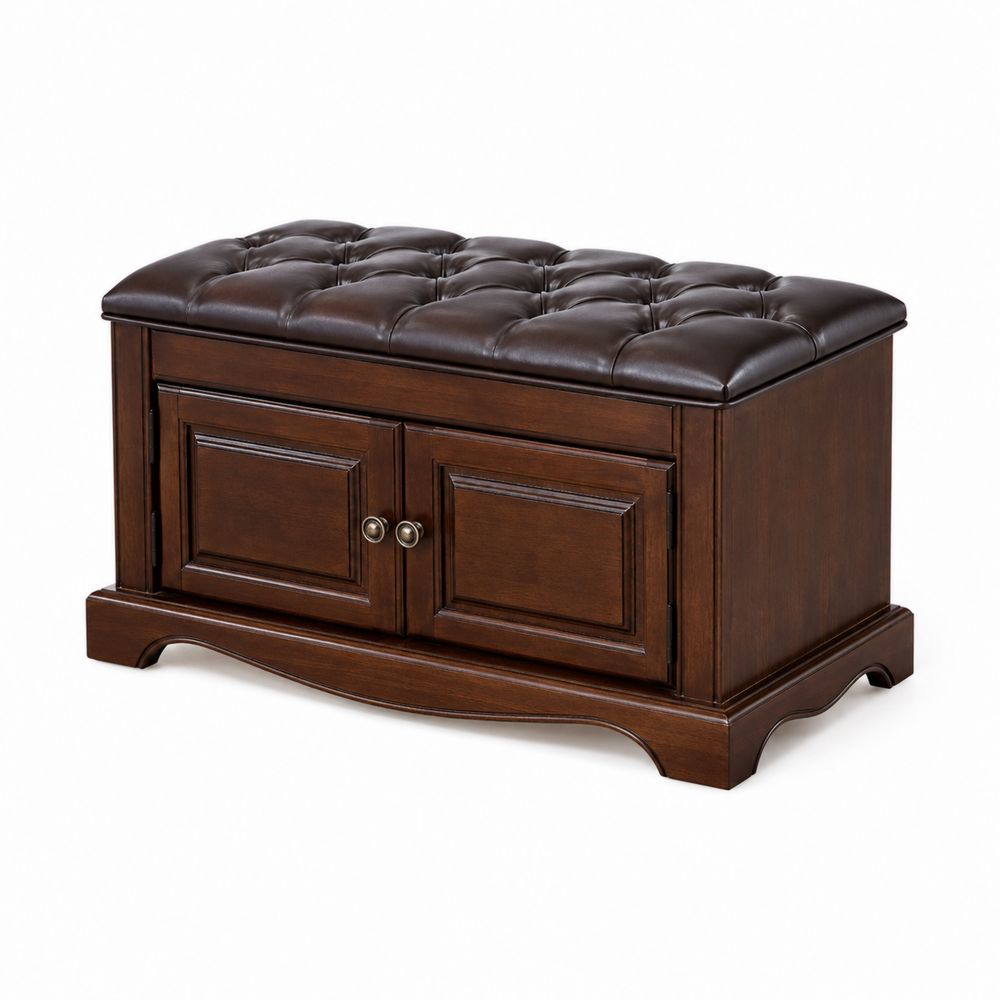 Banco Zapatero de Madera y Cuero Sintético Marrón 87 cm-Zenterrae