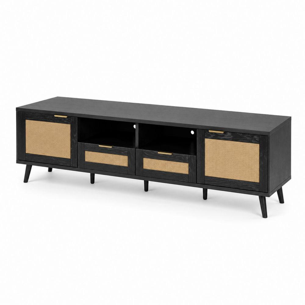 Mueble TV madera y ratán 180x40x50 cm Negro/Beige-Zenterrae