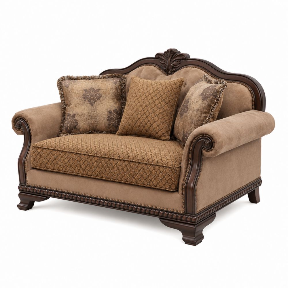 Sofá loveseat de terciopelo y madera con cojines-Zenterrae