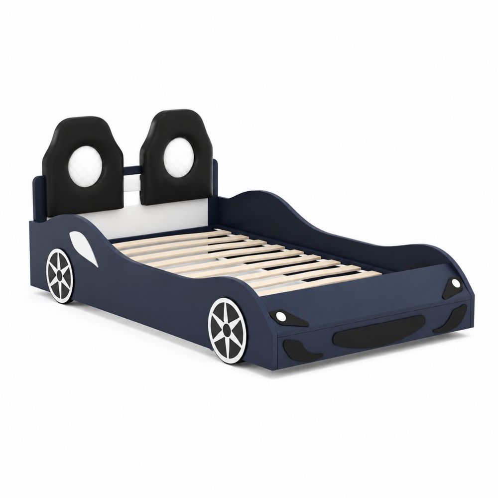 Cama infantil coche de MDF con cabecero acolchado azul y negro 200x100 cm