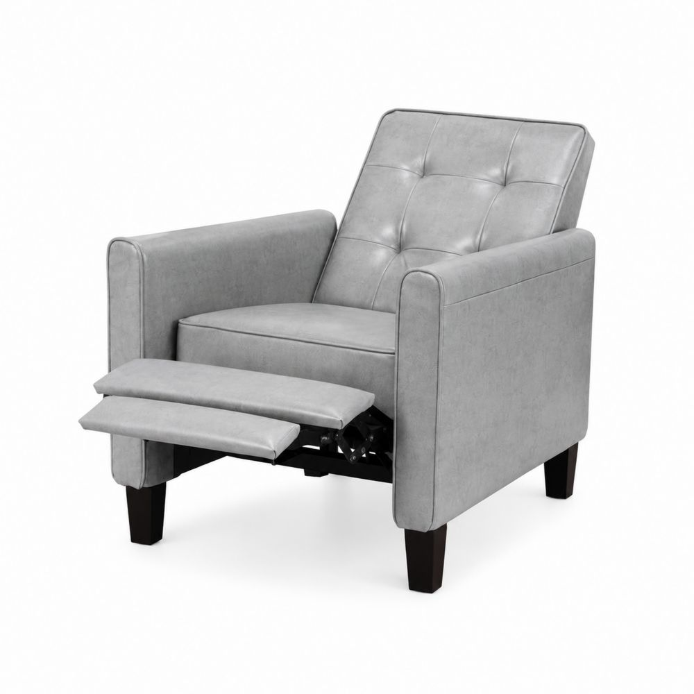 Sillón reclinable de cuero sintético gris con patas de madera