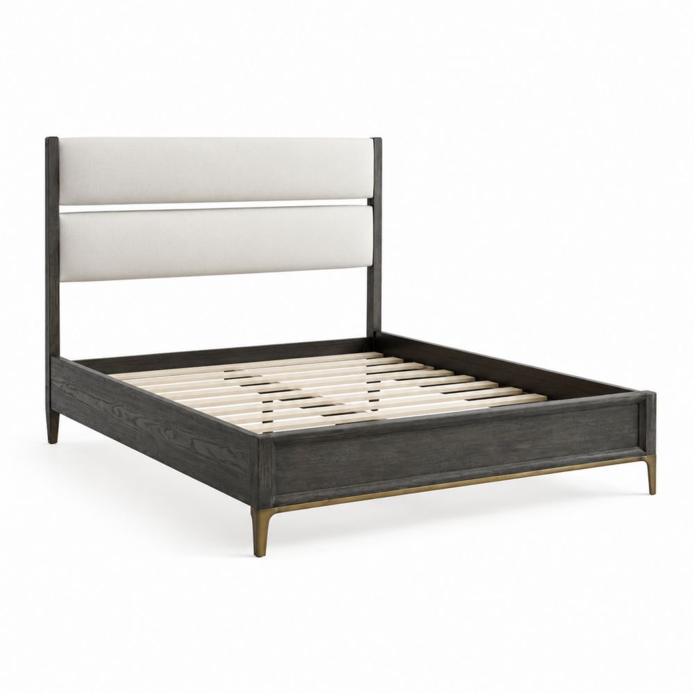 Cama doble de madera de fresno con cabecero tapizado, 200x160 cm, Negro y Gris