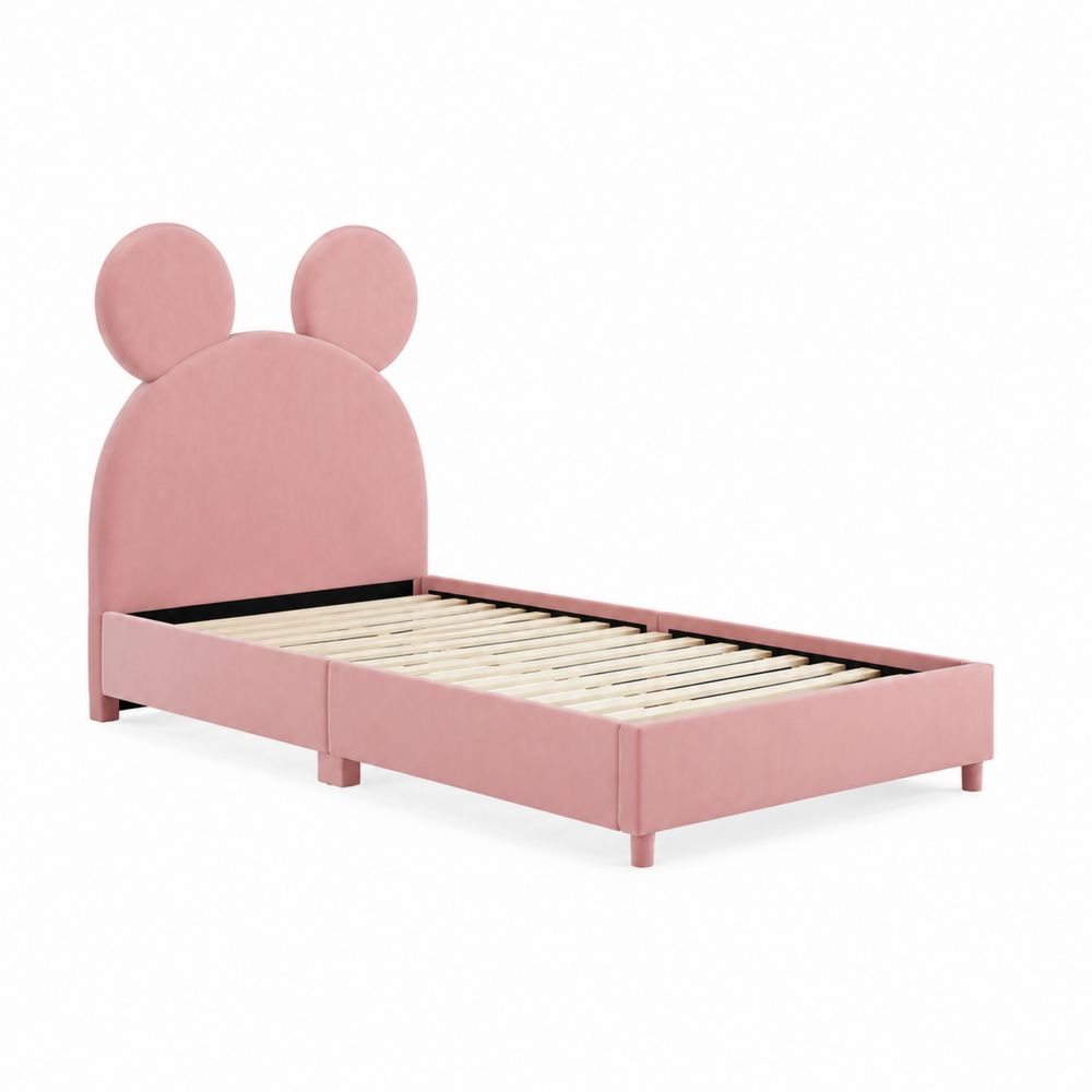 Cama infantil de terciopelo rosa con cabecero de orejas 90x200 cm