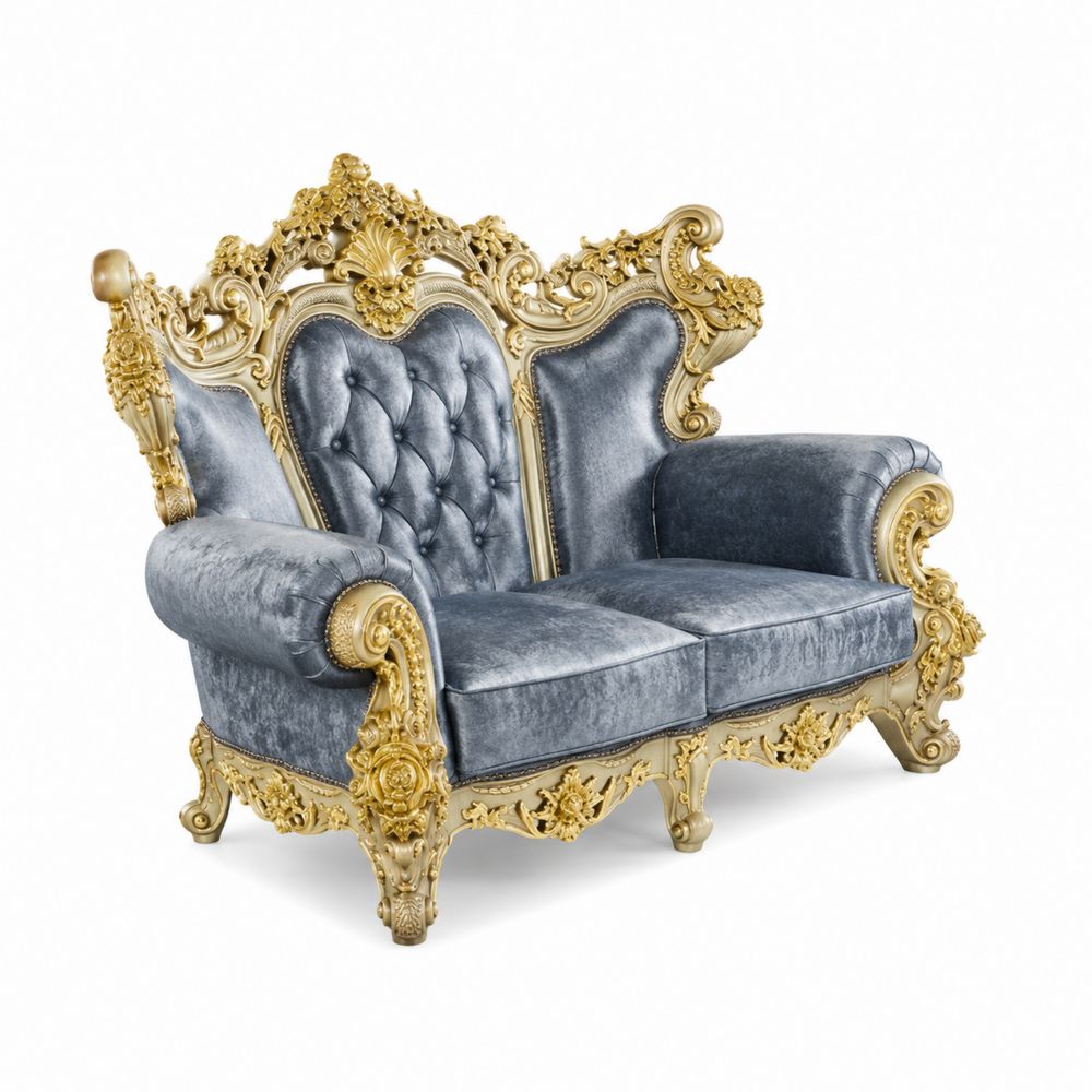 Sofá loveseat barroco de madera y terciopelo Gris y Dorado 150x80x105 cm