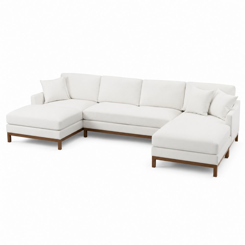 Sofá Modular en Forma de L con Chaise Longue de Madera y Poliéster Blanco