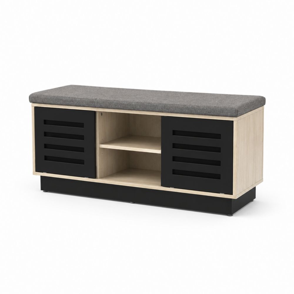 Banco zapatero de madera y metal con cojín de tela, 100x40x50cm, Negro/Gris