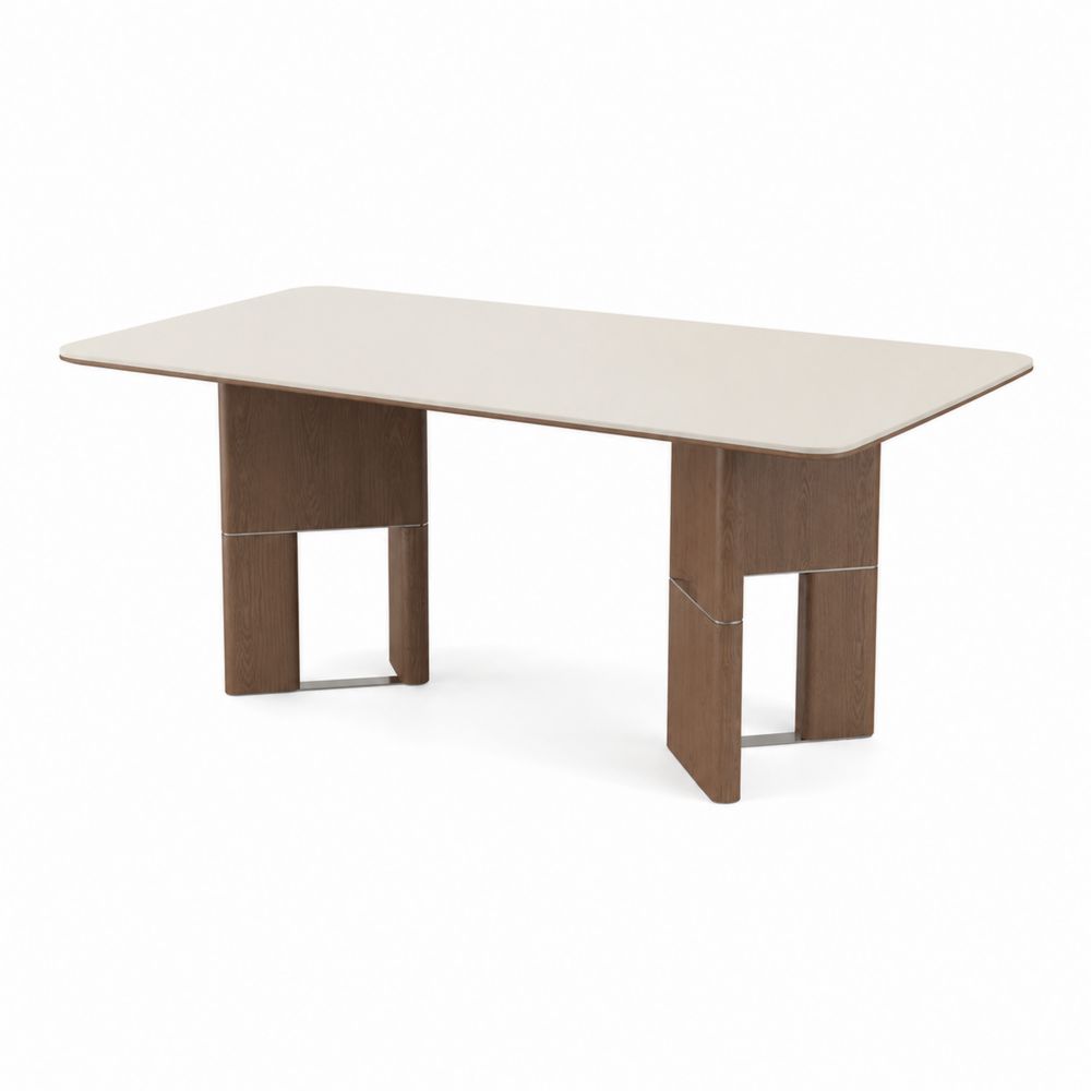Mesa de comedor rectangular 160x90 cm madera de roble y cerámica beige