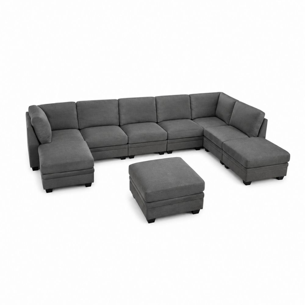 Sofá Modular en Forma de U de Tela Gris con Reposapiés