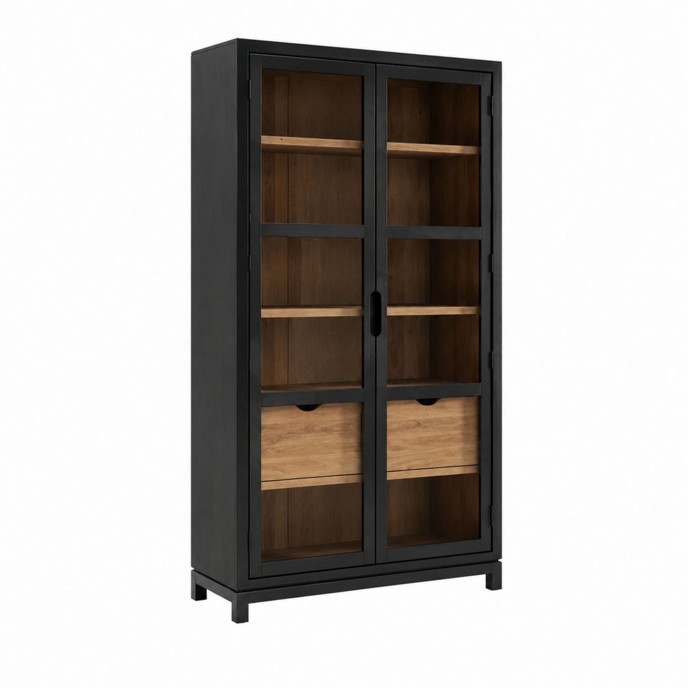 Vitrina de Madera y Metal con Puertas de Vidrio Templado Negro/Natural