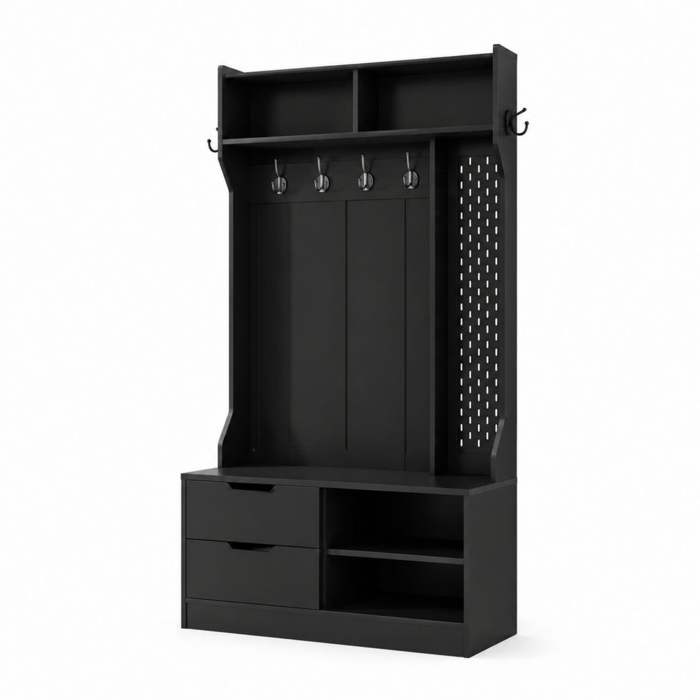 Recibidor de Madera MDF Negro con Ganchos y Almacenamiento 180x100x35 cm