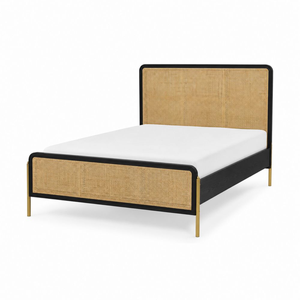 Cama de matrimonio 200x160 cm roble y ratán negro/dorado