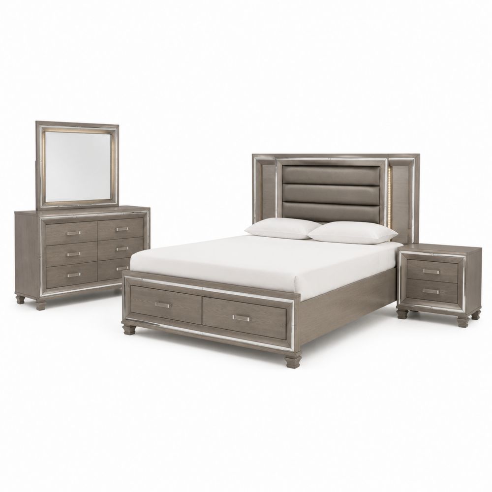 Conjunto de dormitorio de madera con almacenamiento gris