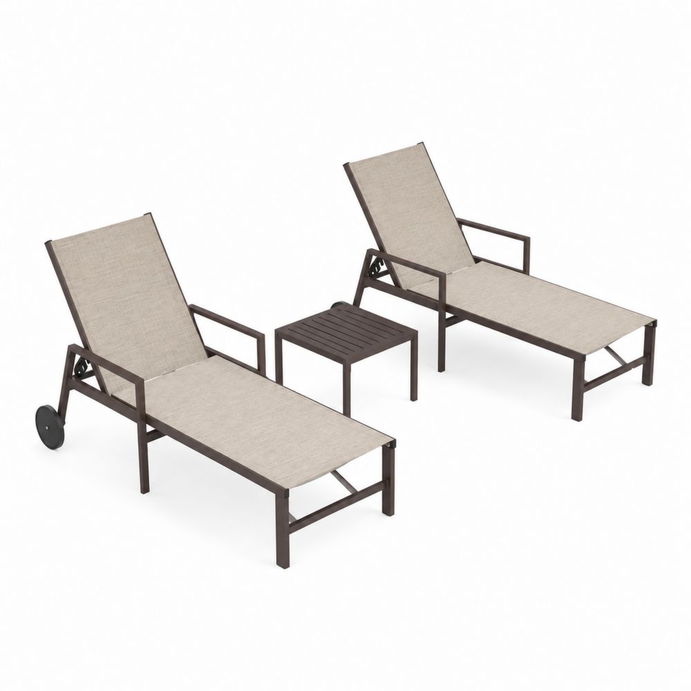 Conjunto de Tumbonas de Metal y Tela Beige con Mesa Auxiliar