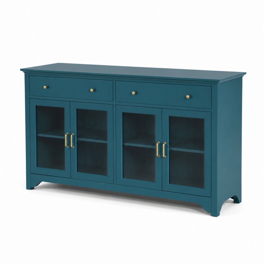 Aparador azul con puertas de vidrio y cajones 150x40x85 cm