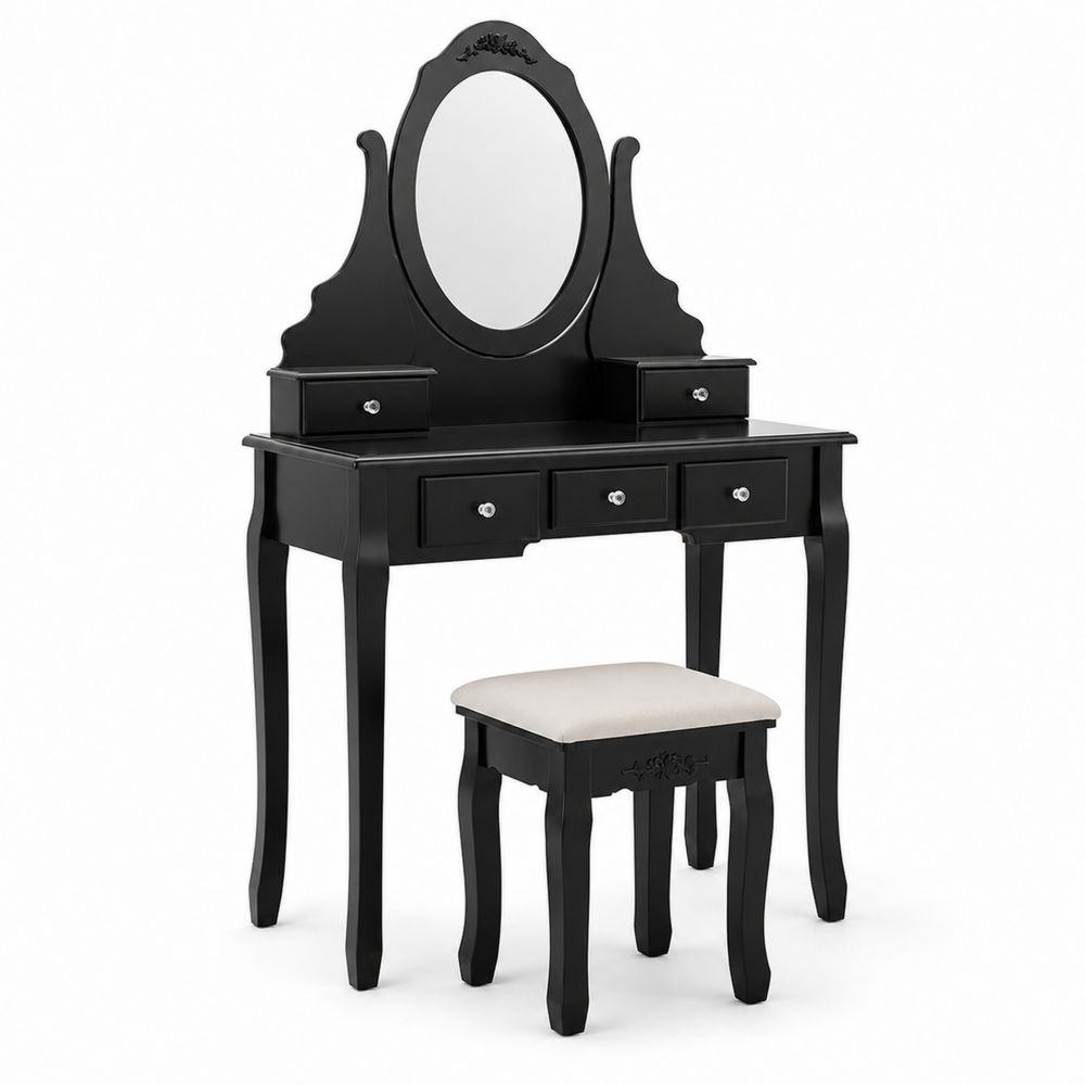 Tocador Negro de Madera con Espejo Ovalado y Taburete