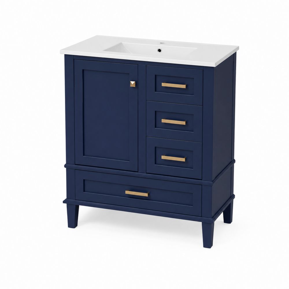Mueble de baño de madera azul marino con lavabo cerámico