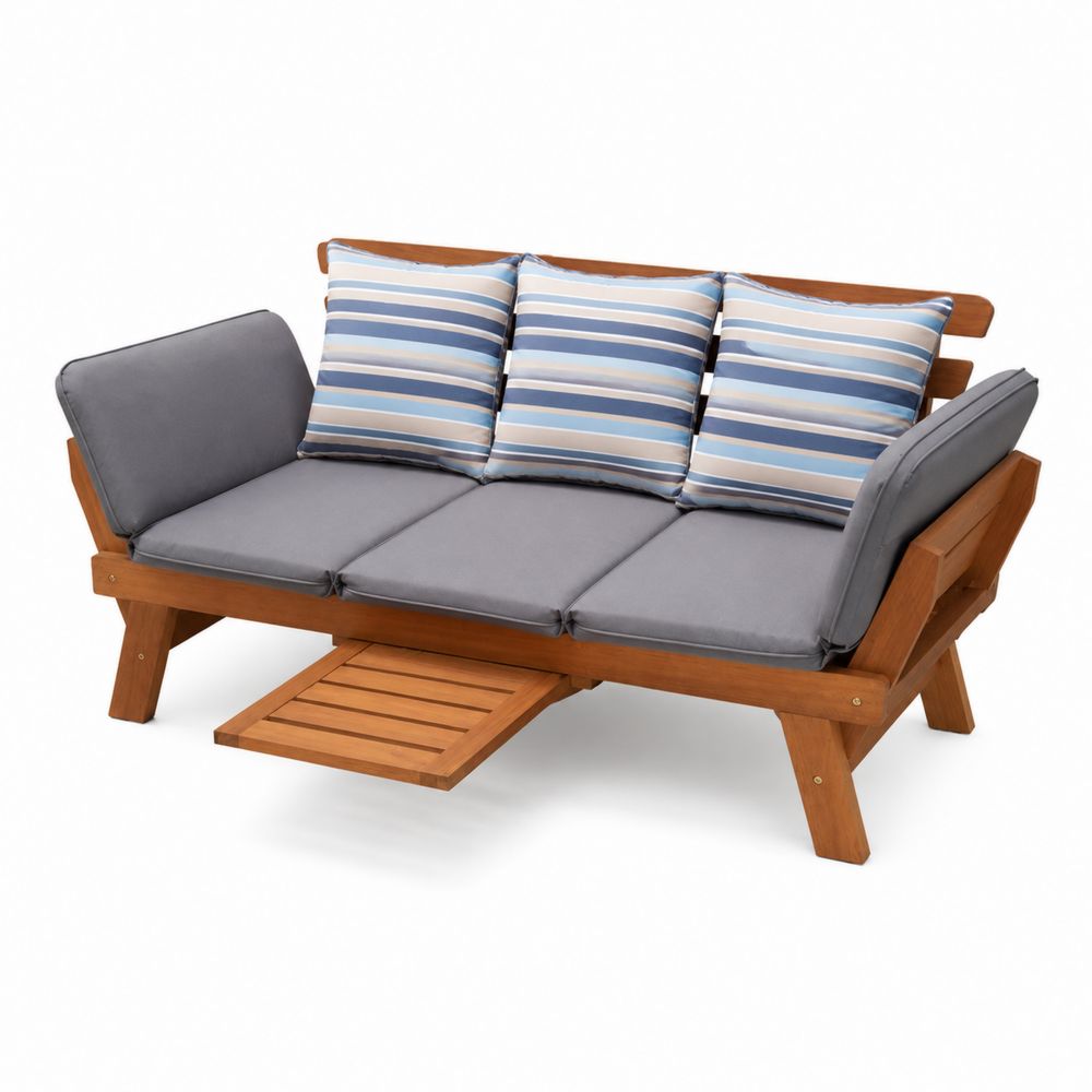 Sofá Convertible de Madera con Cojines Grises y Rayas Azules