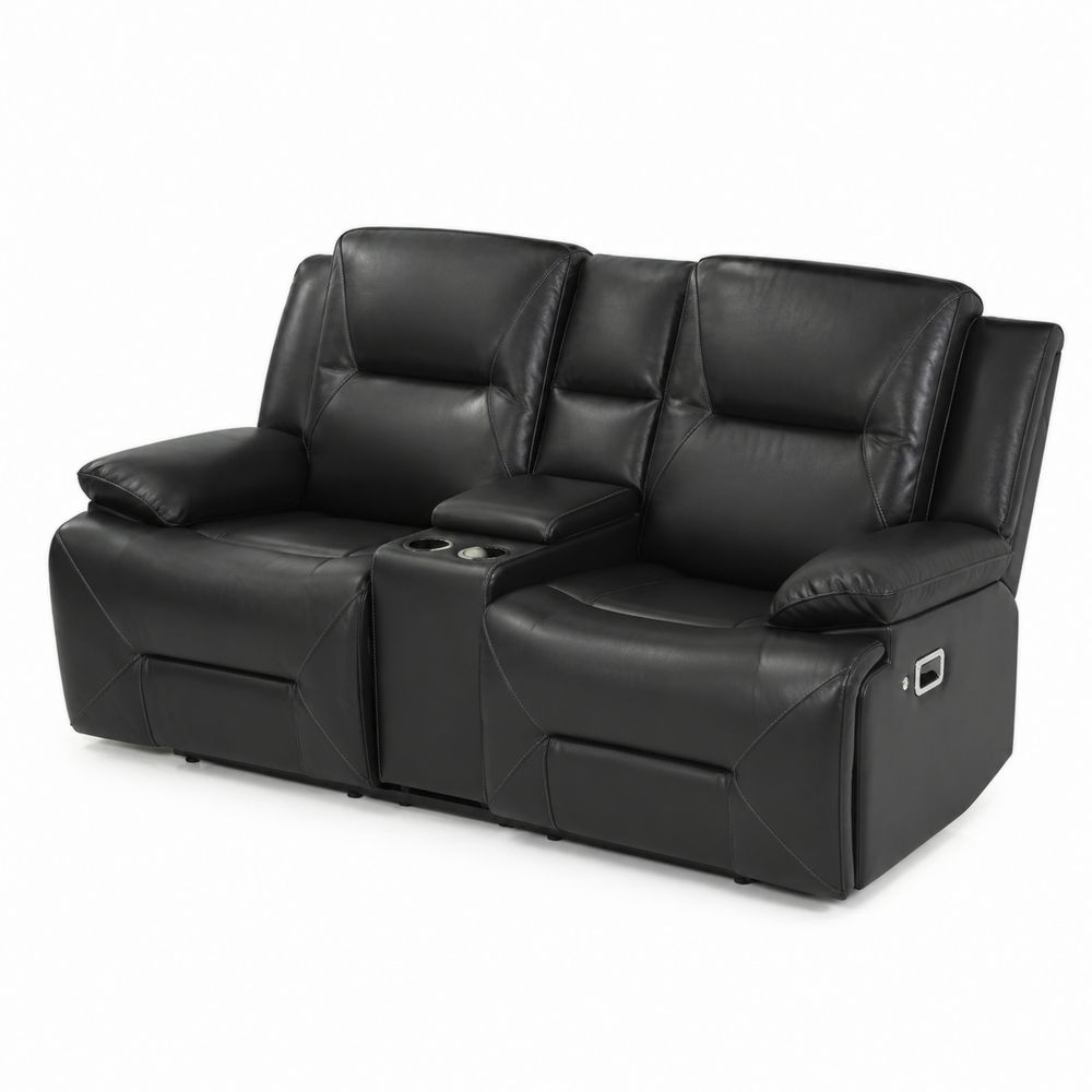 Sofá reclinable de cuero sintético negro con portavasos