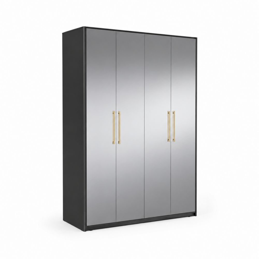 Armario de 4 puertas con espejo, madera contrachapada y acero, Negro y Plateado