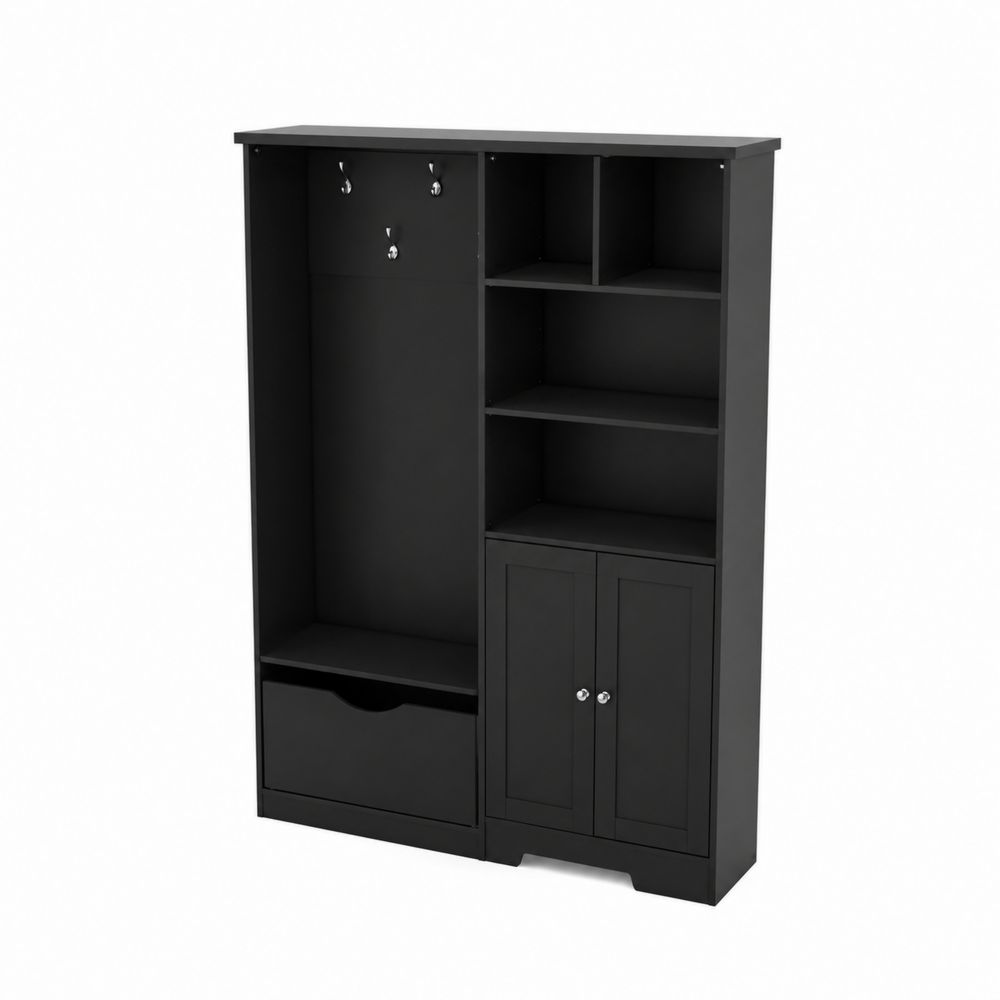 Perchero con estantería y espacio para zapatos de madera MDF Negro 180x120x40cm