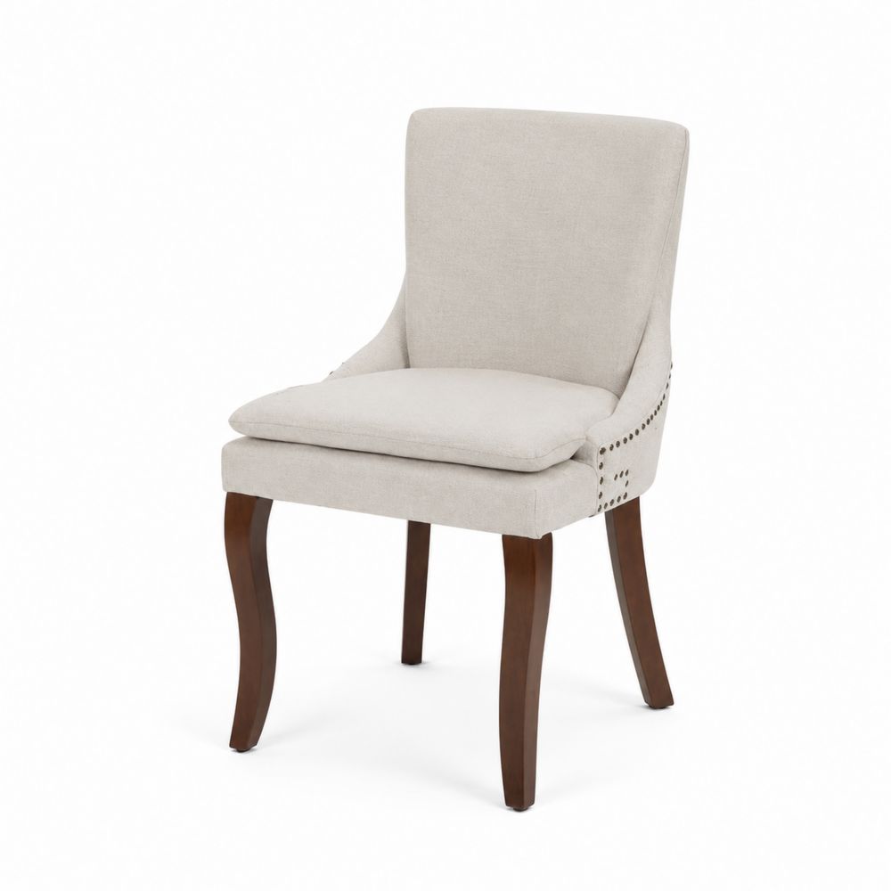 Silla de comedor de tela beige con patas de madera