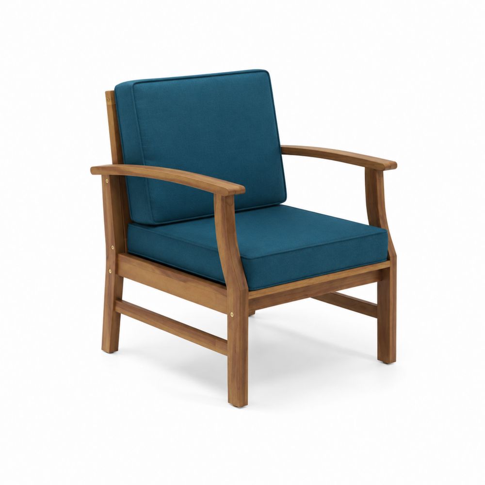 Sillón de madera con cojines de poliéster azul 75x80x75 cm
